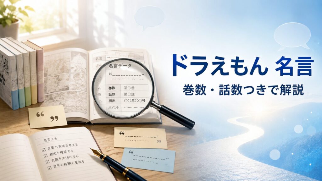 ドラえもんの名言について、巻数や収録話、発言者を虫眼鏡で調べる様子を表現したアイキャッチ画像