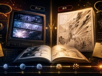 ドラゴンボールの名言を原作漫画とアニメ版で比較し、巻数や時系列、8000と9000の違いを分析するイメージ