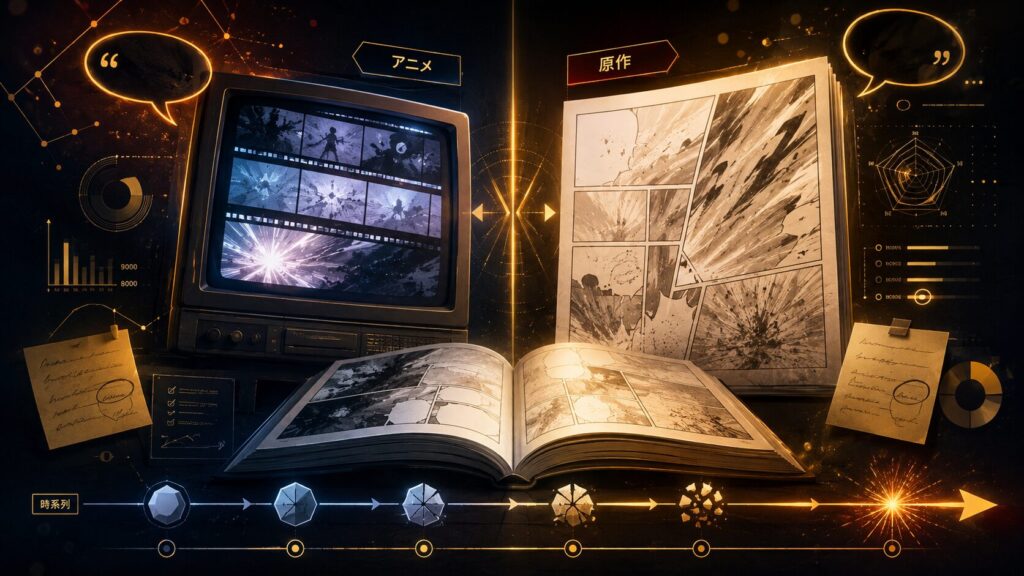 ドラゴンボールの名言を原作漫画とアニメ版で比較し、巻数や時系列、8000と9000の違いを分析するイメージ