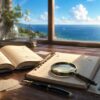 海を望む書斎の机で、本やノート、虫眼鏡を使ってワンピースの名言の出典を確認するイメージ