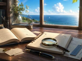 海を望む書斎の机で、本やノート、虫眼鏡を使ってワンピースの名言の出典を確認するイメージ