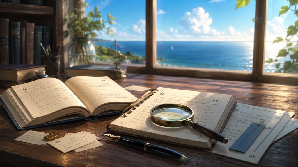 海を望む書斎の机で、本やノート、虫眼鏡を使ってワンピースの名言の出典を確認するイメージ