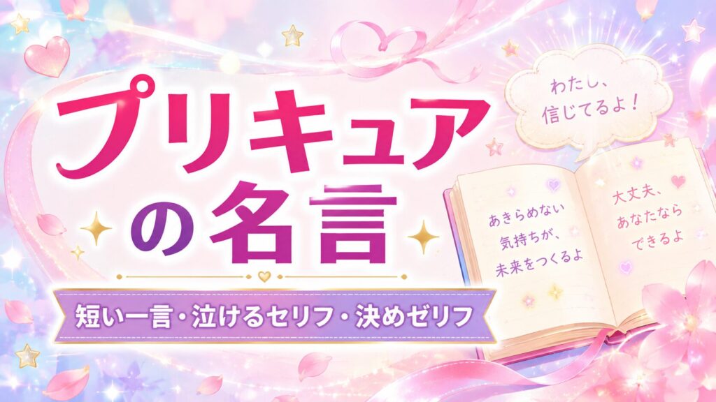 「プリキュアの名言」と書かれた、開いたノートや星、ハート、花びらを描いたパステルカラーのアイキャッチ画像