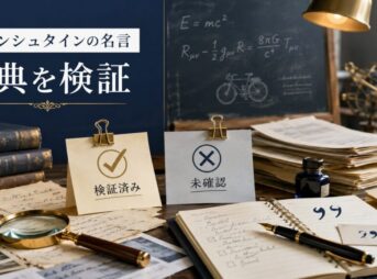 アインシュタインの名言を、古い書簡や資料、虫眼鏡を使って検証済みと未確認に分類する研究机