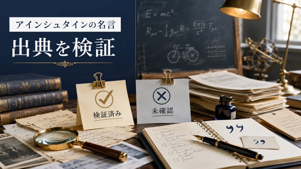 アインシュタインの名言を、古い書簡や資料、虫眼鏡を使って検証済みと未確認に分類する研究机