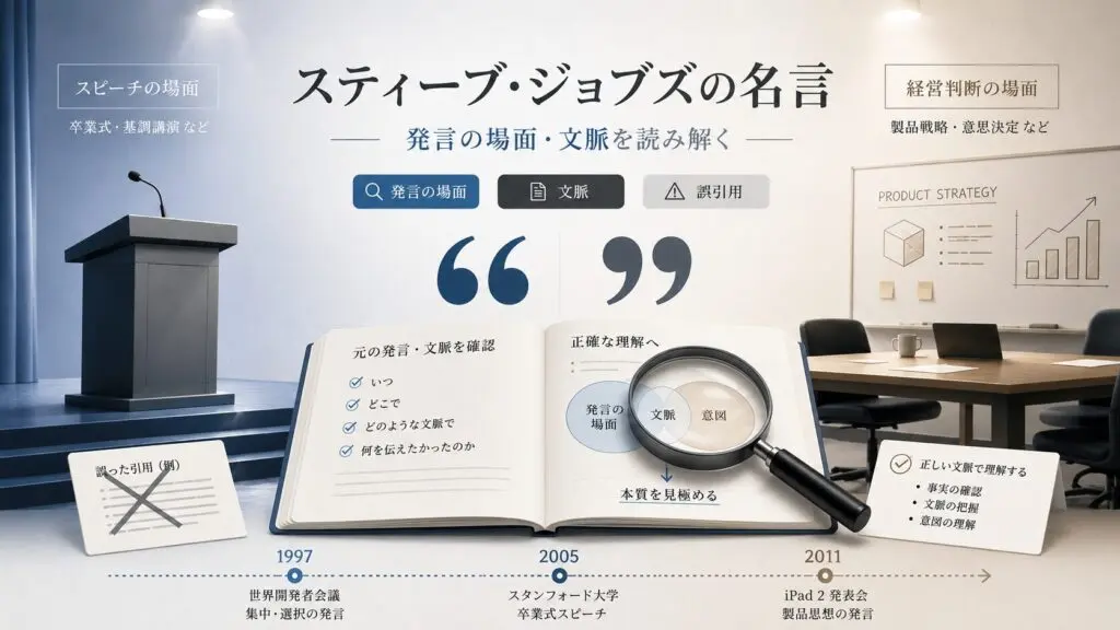 スティーブ・ジョブズの名言を、卒業式スピーチと経営判断の発言に分け、年代や文脈、誤引用を検証するイメージ