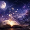 月夜の幻想的な風景を背景に、光る古書や引用符、砂時計、時計が浮かぶ東方Projectの名言をイメージしたアイキャッチ画像