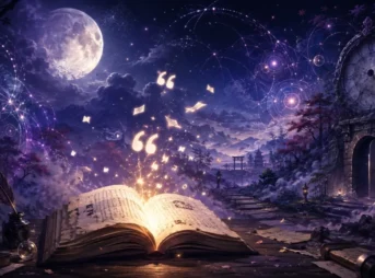 月夜の幻想的な風景を背景に、光る古書や引用符、砂時計、時計が浮かぶ東方Projectの名言をイメージしたアイキャッチ画像