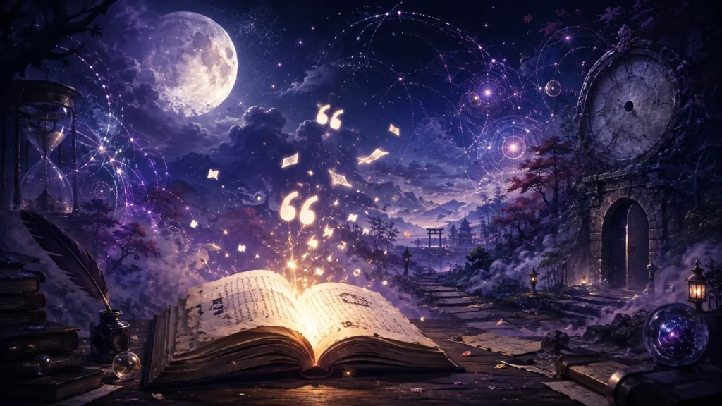 月夜の幻想的な風景を背景に、光る古書や引用符、砂時計、時計が浮かぶ東方Projectの名言をイメージしたアイキャッチ画像