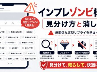 インプレゾンビ構文の見分け方と消し方を解説し、SNSの返信欄に「素晴らしいです」「勉強になります」などの定型リプライが大量に並ぶ様子と、フィルター・ミュート・検索による対策を示した画像