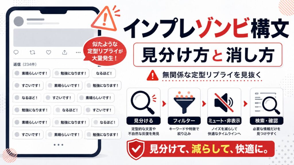 インプレゾンビ構文の見分け方と消し方を解説し、SNSの返信欄に「素晴らしいです」「勉強になります」などの定型リプライが大量に並ぶ様子と、フィルター・ミュート・検索による対策を示した画像