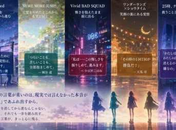 プロセカの5ユニットが抱えるテーマと、痛みや迷いを抱えたまま前へ進むセリフの重さを表現したイメージ