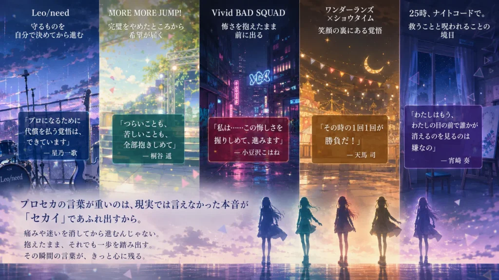 プロセカの5ユニットが抱えるテーマと、痛みや迷いを抱えたまま前へ進むセリフの重さを表現したイメージ