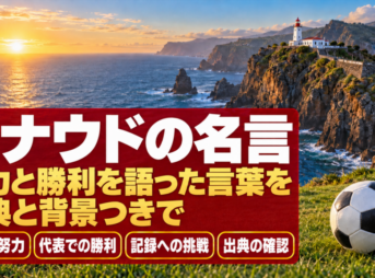 夜明けの断崖と灯台を背に、芝の上のボールとロナウドの名言の題字