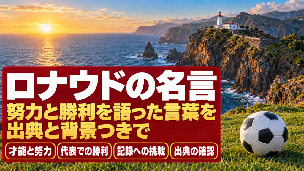 夜明けの断崖と灯台を背に、芝の上のボールとロナウドの名言の題字