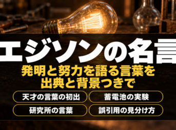 暗い作業机で灯る古い白熱電球に、エジソンの名言の題字を重ねたバナー
