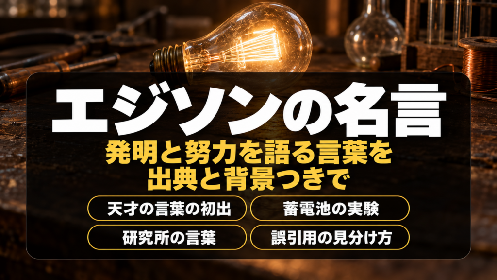 暗い作業机で灯る古い白熱電球に、エジソンの名言の題字を重ねたバナー