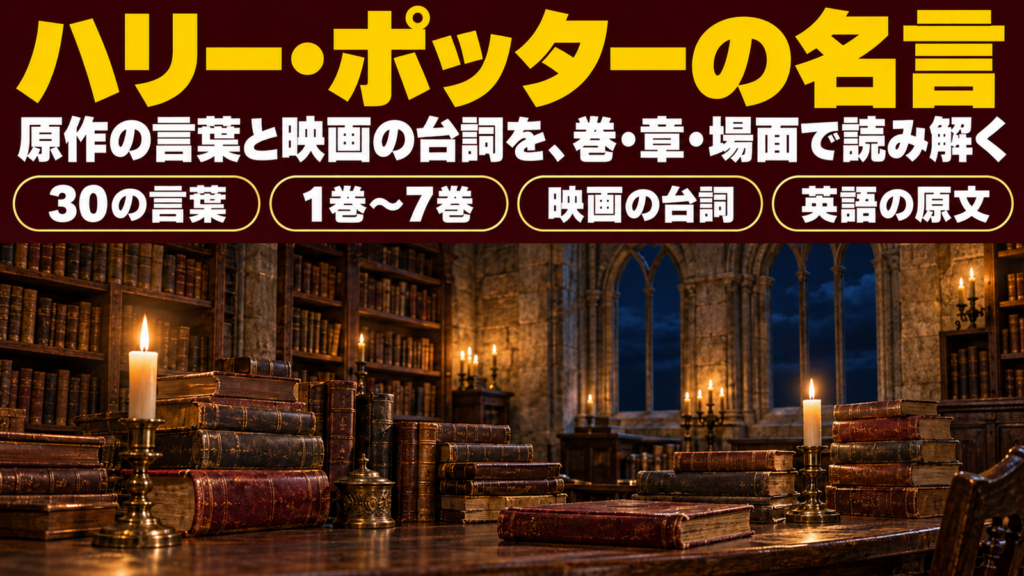 石のアーチ窓と古書、燭台の灯りが映る夜の図書室にハリー・ポッターの名言の題字