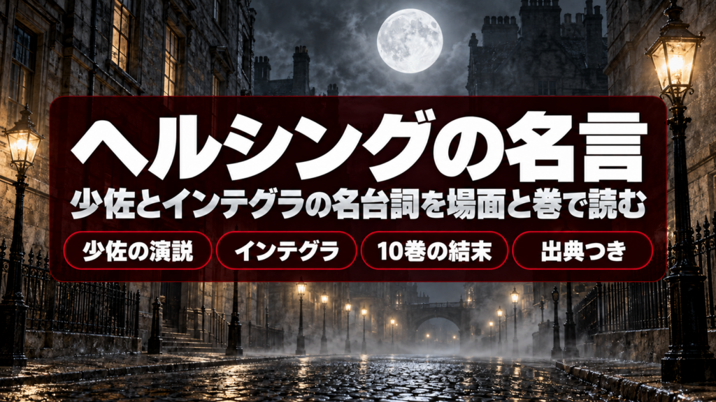 霧の夜の石畳とガス灯、満月にヘルシングの名言の題字を重ねたバナー