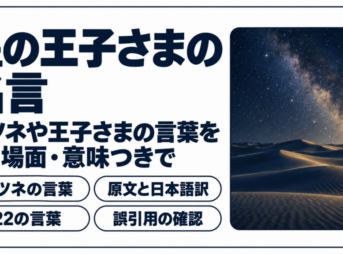 満天の星空の下の砂漠を窓に収め、星の王子さまの名言と書いたバナー