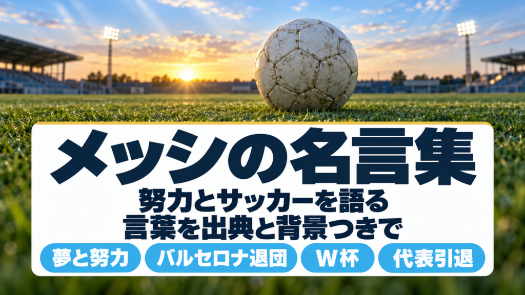 夕暮れの芝生に置かれたボールと、メッシの名言集の題字