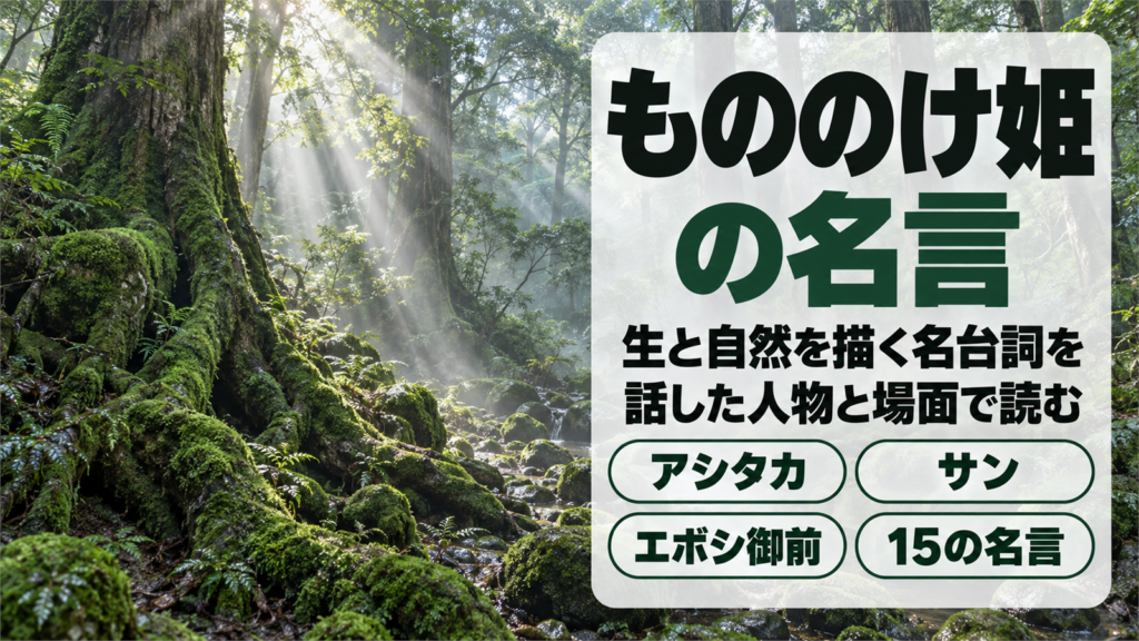 霧の立つ原生林と苔むした巨木の根に、もののけ姫の名言の題字を重ねた画像