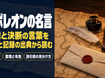 羊皮紙の地図に羽根ペンと封蝋の手紙を置いた、ナポレオンの名言の題字
