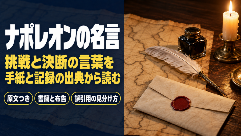 羊皮紙の地図に羽根ペンと封蝋の手紙を置いた、ナポレオンの名言の題字