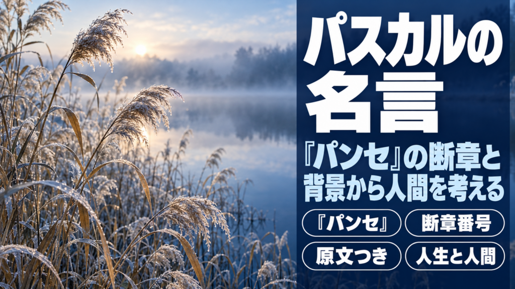 朝もやの湖畔で揺れる葦の群れに、パスカルの名言の題字を重ねたバナー