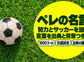 芝生の上の古い革のボールと「ペレの名言」の題字を置いたバナー