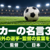 夜の照明に照らされた芝の上のサッカーボールにサッカーの名言の題字を重ねたバナー