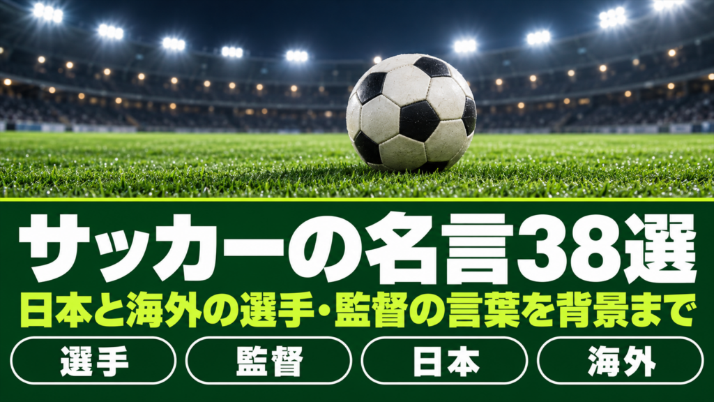 夜の照明に照らされた芝の上のサッカーボールにサッカーの名言の題字を重ねたバナー