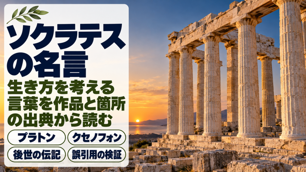 夕暮れの光を受けた大理石の円柱と、ソクラテスの名言の題字