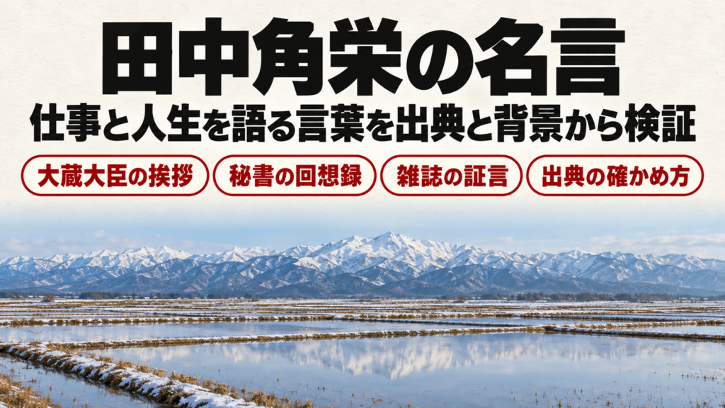 雪の残る田園と山並みの上に田中角栄の名言の題字を置いたバナー